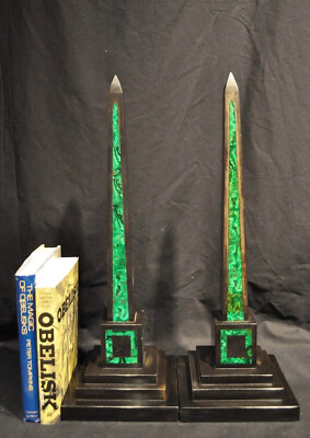 36'' two black Marble Obelisk green malachite Inlay home decor Arts collectibles