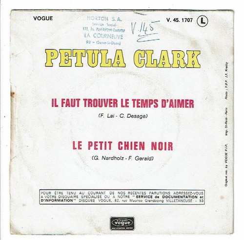 Pétula CLARK Vinyle 45T FAUT TROUVER TEMPS D'AIMER -PETIT CHIEN NOIR -VOGUE 1707 - Imagen 3 de 3