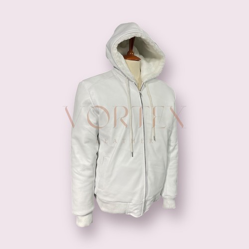Men's White Zipper Leather Hoodie Real Lambskin Leather Hoodie Classic Style - Picture 2 of 10