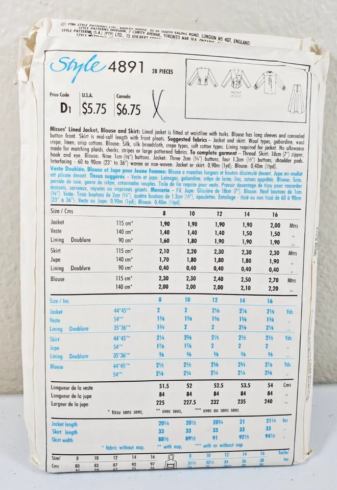 80s Style Pattern 4891 Alfred Sung Misses Lined Jacket Blouse And Skirt Sz 14 - Image 2 of 2