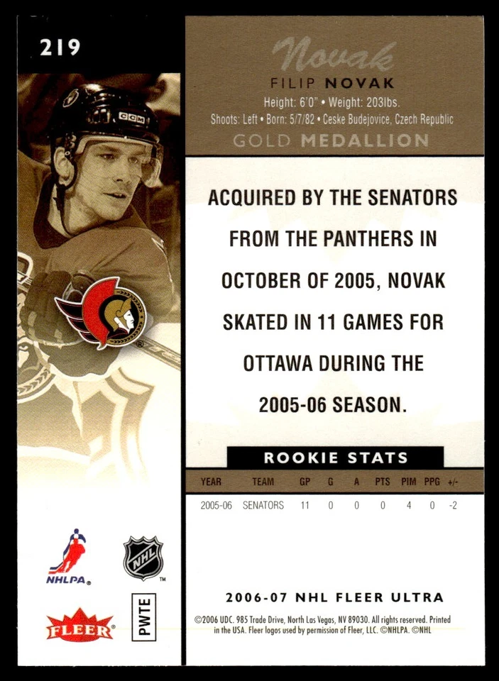 2006-07 fleer ultra Rookie Filip Novak Rookie Ottawa Senators #219 - Image 2 of 2