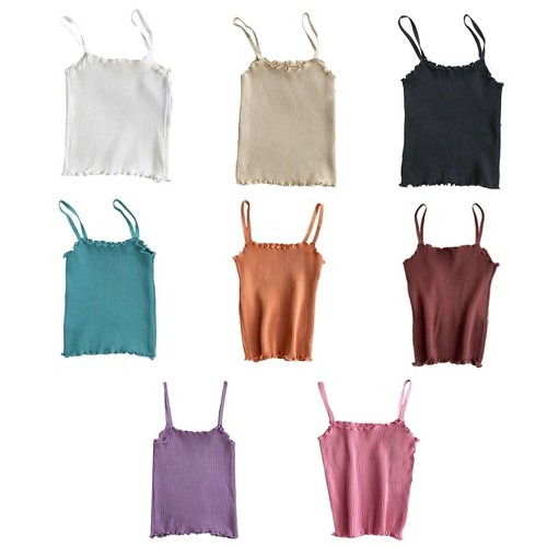 Women Rib Knit Sleeveless Camisole Lettuce Trim Solid Spaghetti Strap for Tank T