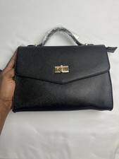 Black Top Handle Satchel Handbag Gold Turn Lock Faux Leather Purse