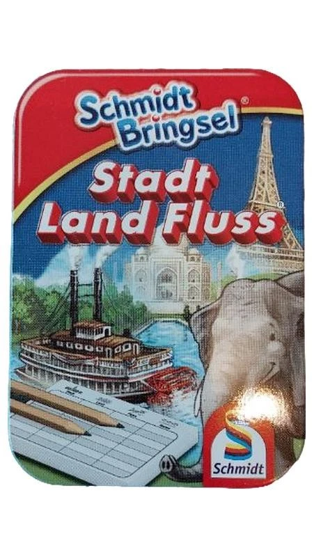 Schmidt Stadt Land Fluss Mitbringspiel Reisespiel Blechdose Ratespiel für Kinder