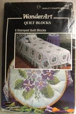 New WonderArt 6 Stamped Quilt Blocks #1975 Violets 17"x17" Flowers Embroidery