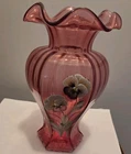 Vintage Fenton Hand Painted Pansies On Cranberry Glass Vase Artist Signed    9 "