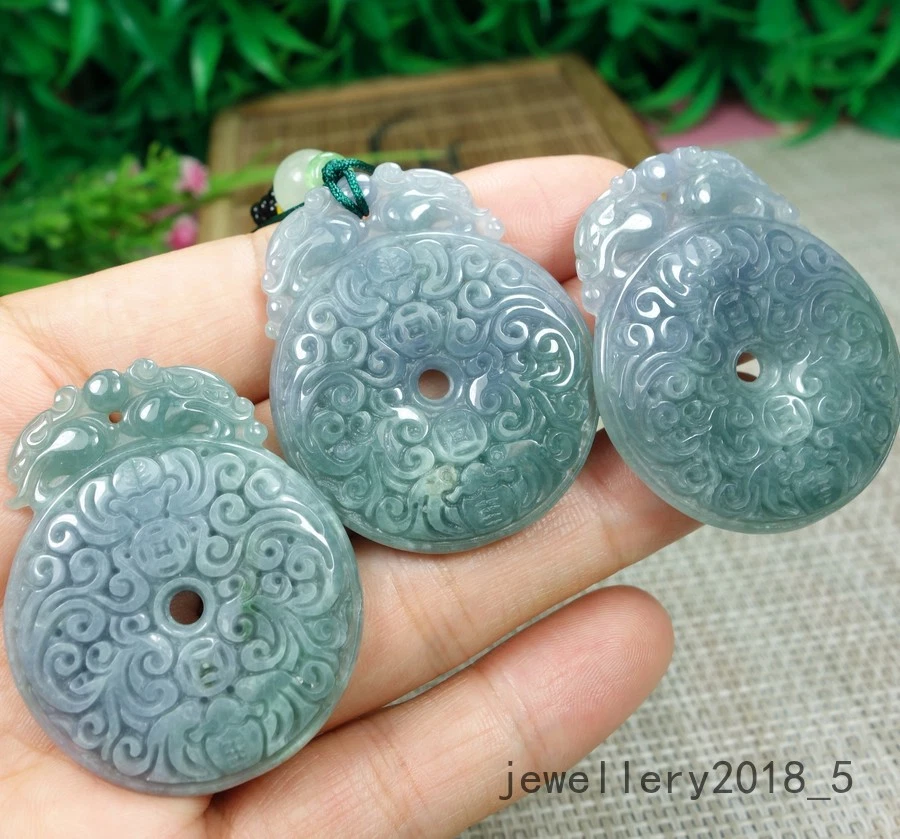 3Pcs Certified Lavender+Green 100% Natural A jadeite jade Pendant~双龙 福到 仿古平安扣 - Image 4 of 4