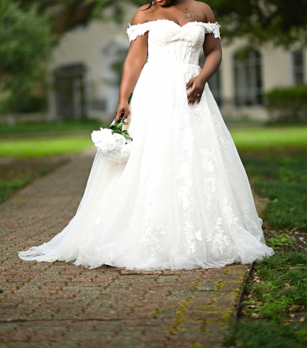 oleg cassini off-the-shoulder pearl beaded lace wedding dress Ball Gowns Dresses for sale Style:D132BBLACKMOCP Make a captivating and ProductType:Lace Dresses Yours Women's Plus Size
