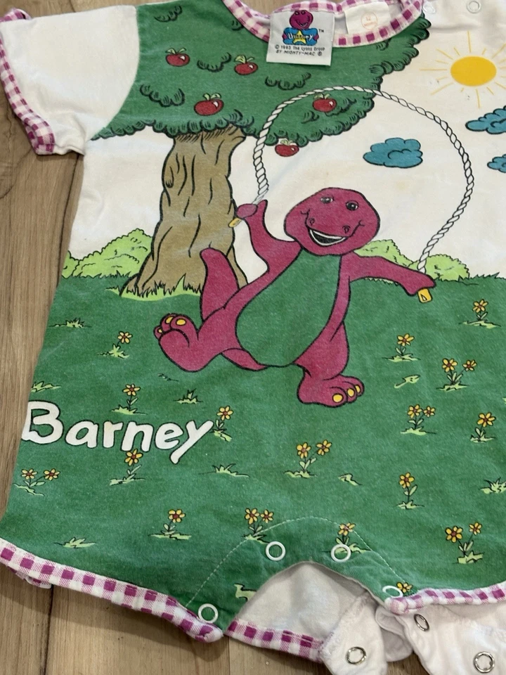 Barney Jumping Rope & Apple Tree Vintage Romper Baby Sz 12 Months One Piece RARE - Image 2 of 4