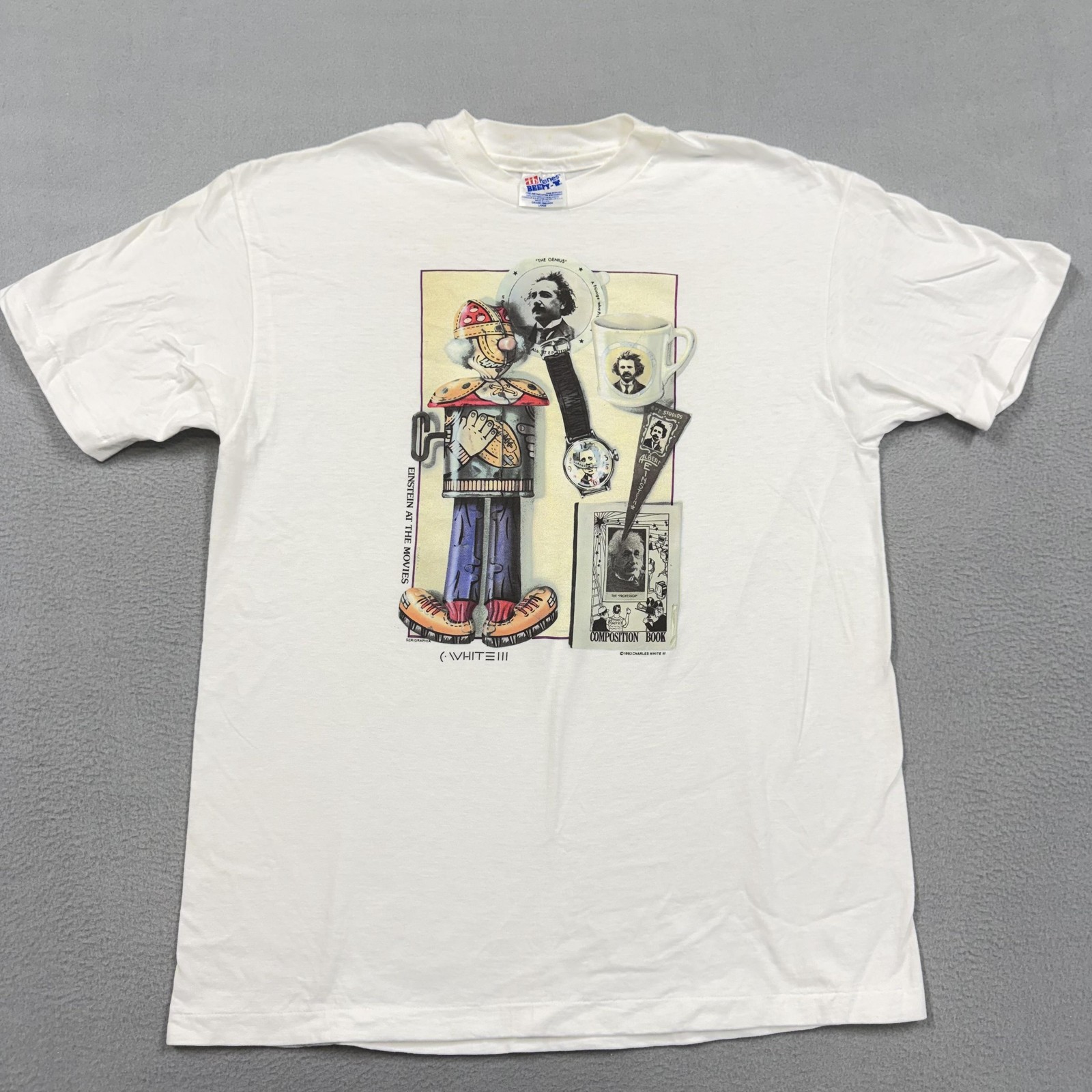 Vintage Einstein At The Movies Shirt Mens Large Hanes Beefy-T White Graphic 90s