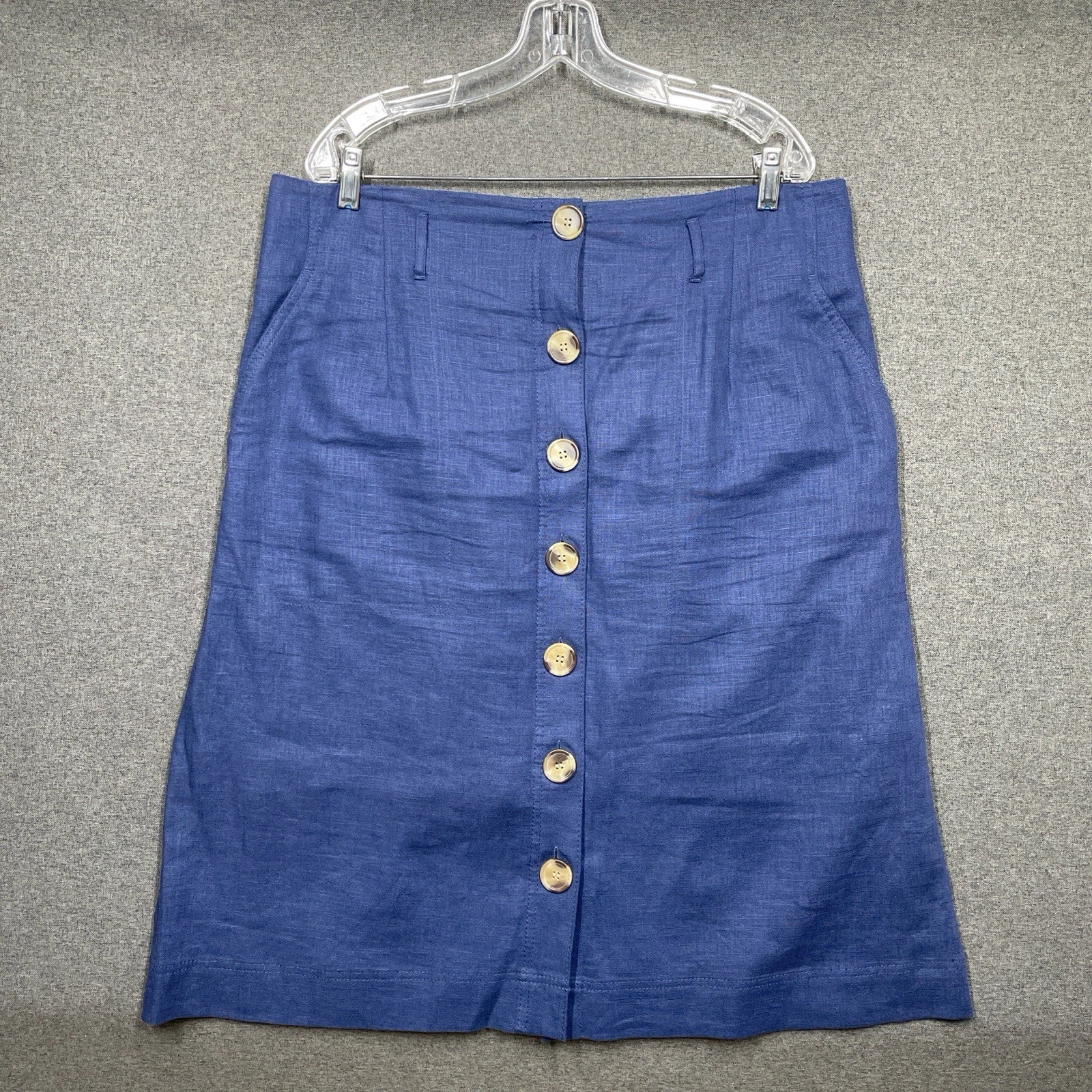 M&S Collection Midi Skirt Blue Cotton Linen Lined Button up Women’s Size Uk18