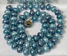 Vintage Teal Blue Cultured Freshwater Pearl 20" Necklace Brass Clasp B118