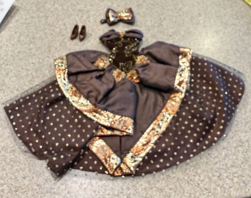 Vintage 3 Set Lot Fashion.Barbie 1990’s Brown Sequence Dress, Shoes Hair Tie