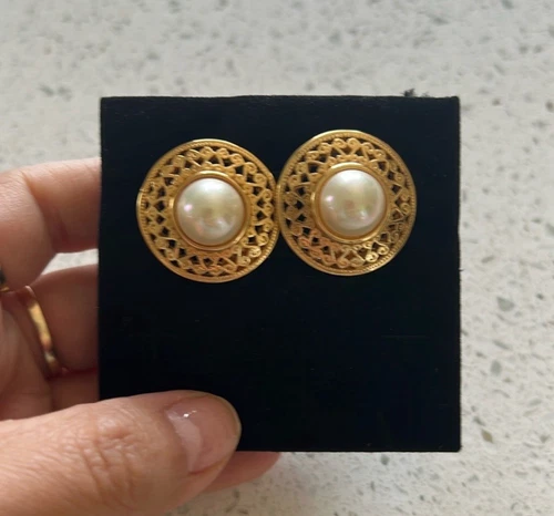 Orecchini Christian Dior Vintage Placcati Oro Strass Finta Perla Clip Tonda