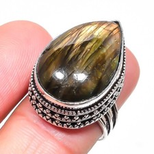 Natural Labradorite Gemstone 925 Sterling Silver Jewelry Ring Size 8 US