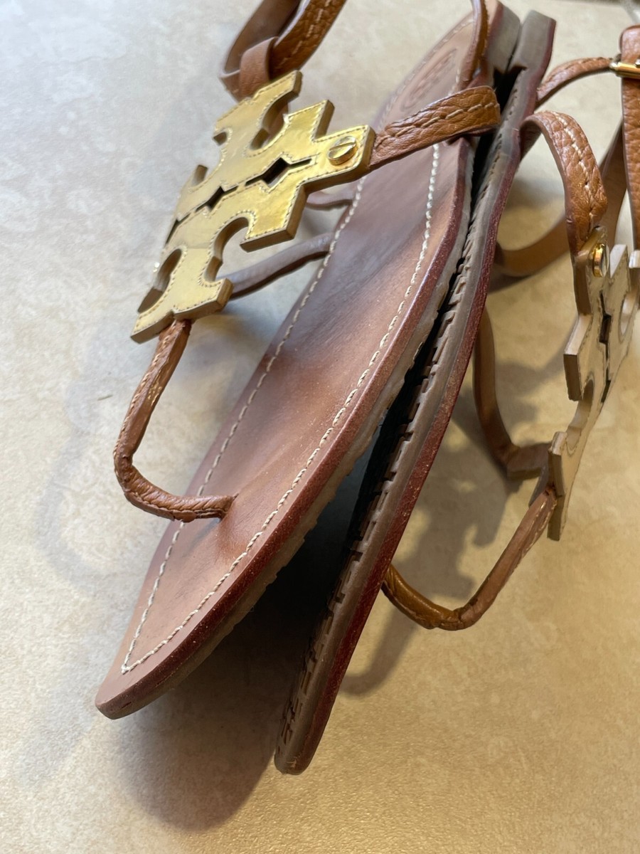 Tory Burch Sandals Womens 9 Shoes Brown Gold Big Logo