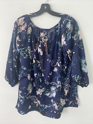 Francesca's Blu Rain Floral Blue Elastic Neck Blouse New Large Elastic Neck