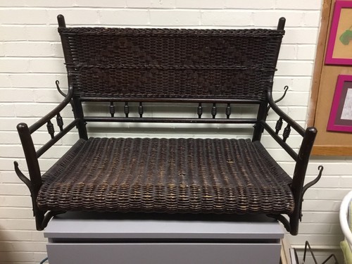 ANTIQUE VTG BROWN WICKER PORCH SWING WITH HANGING BRACKETS 38 X 27 X 19” DEEP 