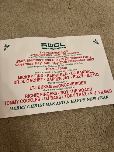 AWOL A Way Of Life Paradise Club Christmas Party 1993 Rave Flyer - Picture 2 of 3