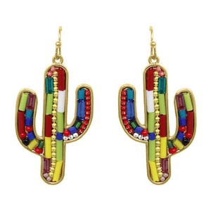 Details About Fun Summer Pool Party Beach Beaded Gold Cactus Southwest Earrings Western Cowgir