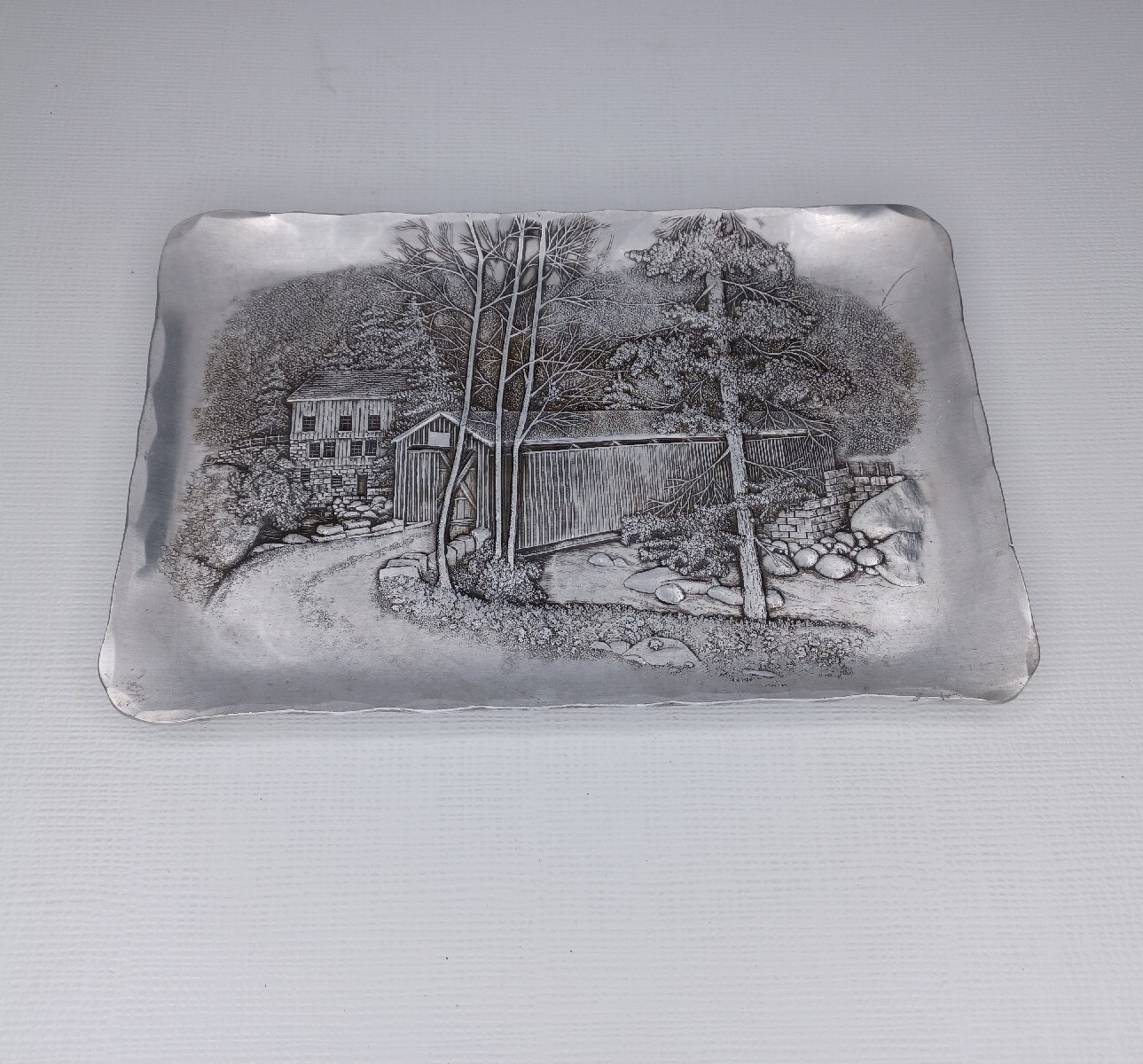 Wendell August Forge Hammered Aluminum Tray 6" x 9" Covered Bridge Scene
