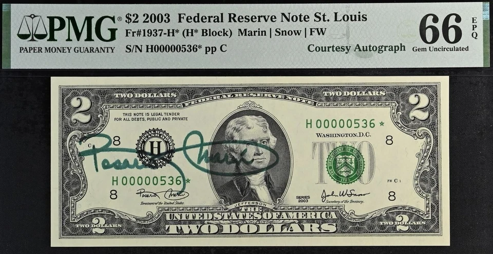 2003 $2 FRN St Louis PMG 66EPQ Courtesy Autograph - Low Serial Number Star 536* - Image 2 of 3