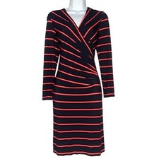 $138 DONNA RICCO New York Coral Stripe Navy Blue Faux Wrap Ruching Dress 2 XS