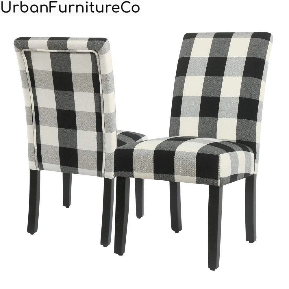 Set of 2 Black Plaid Dining Chair Padded Seat Kitchen Furniture