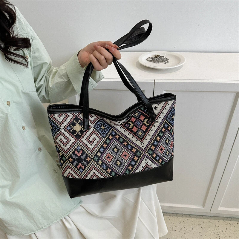 Women Handbag PU Cloth Weave Shoulder Bag Patchwork Large Fashion Totes Bags
