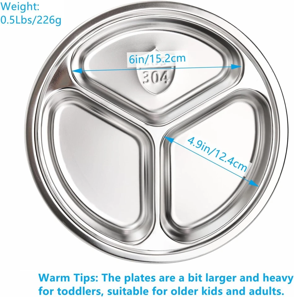 Pacote com 4 pratos divididos redondos de aço inoxidável, pratos de lanche de jantar de 9,5 polegadas com 3 - Imagem 3 de 4