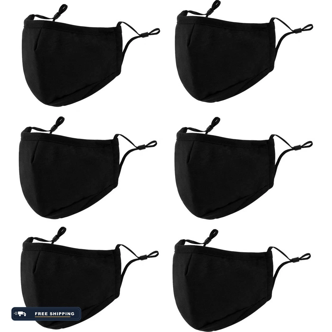 3-Ply Washable Face Mask 6 Pack Reusable Breathable Black