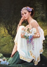 Belle jeune fille avec un bouquet de fleurs 70 x 100 cm peinture huile sur toile