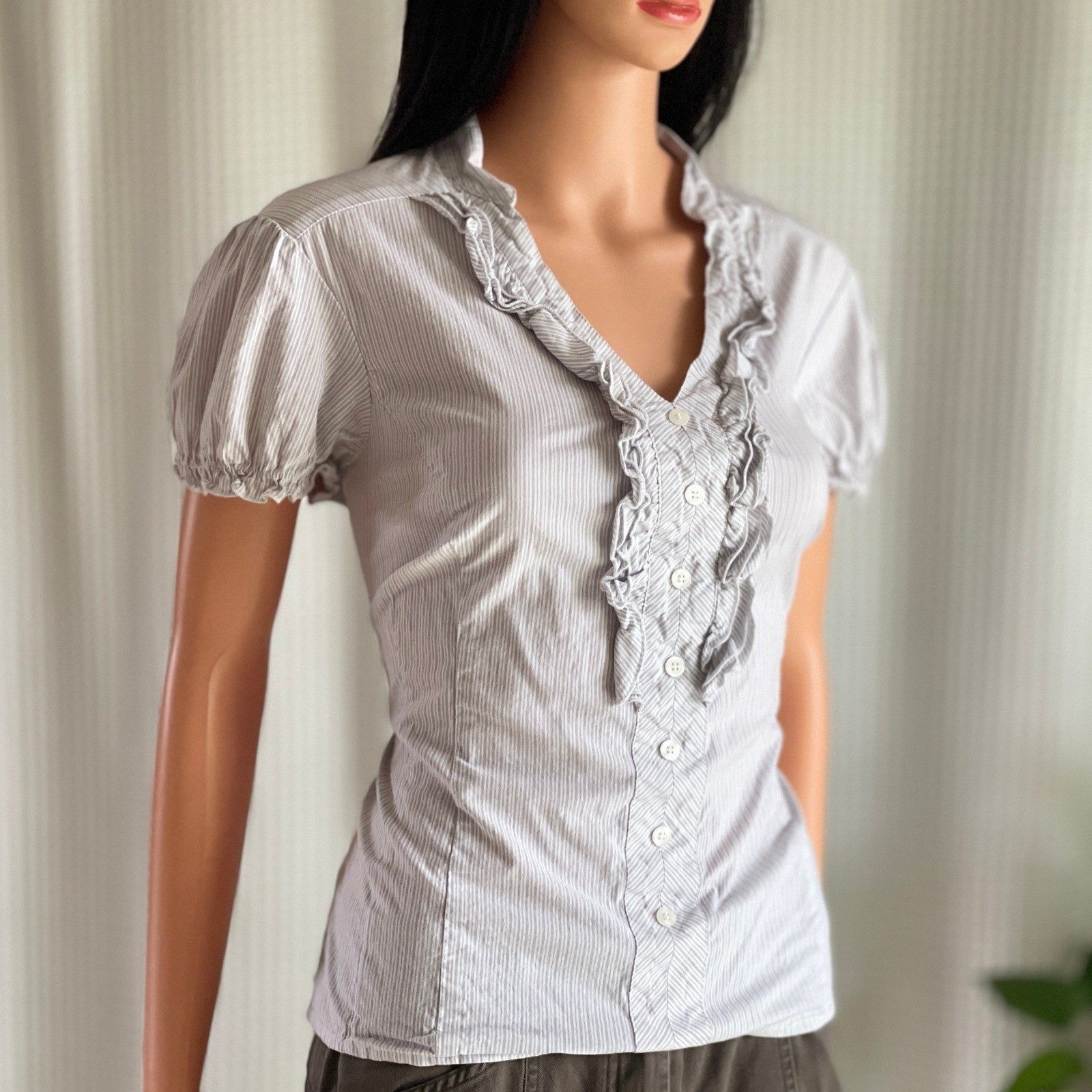 ALYX Grey White Pinstripe Ruffle Puff Sleeve Blouse Coquette Academia Size L