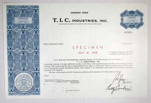 T. I. C. Industries, Inc., 1972. Specimen Stock Cert., XF-AU. FBNC