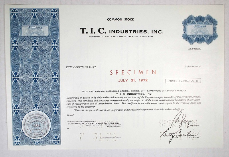 T. I. C. Industries, Inc., 1972. Specimen Stock Cert., XF-AU. FBNC