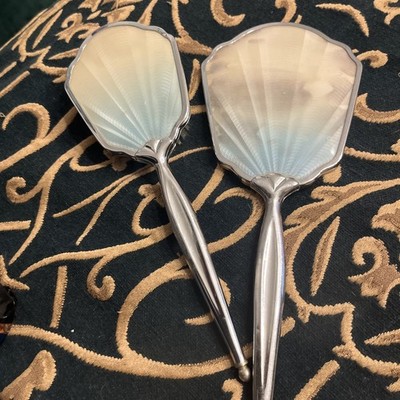 Art Deco Schminktisch-Set silberfarben Handspiegel & Pinsel