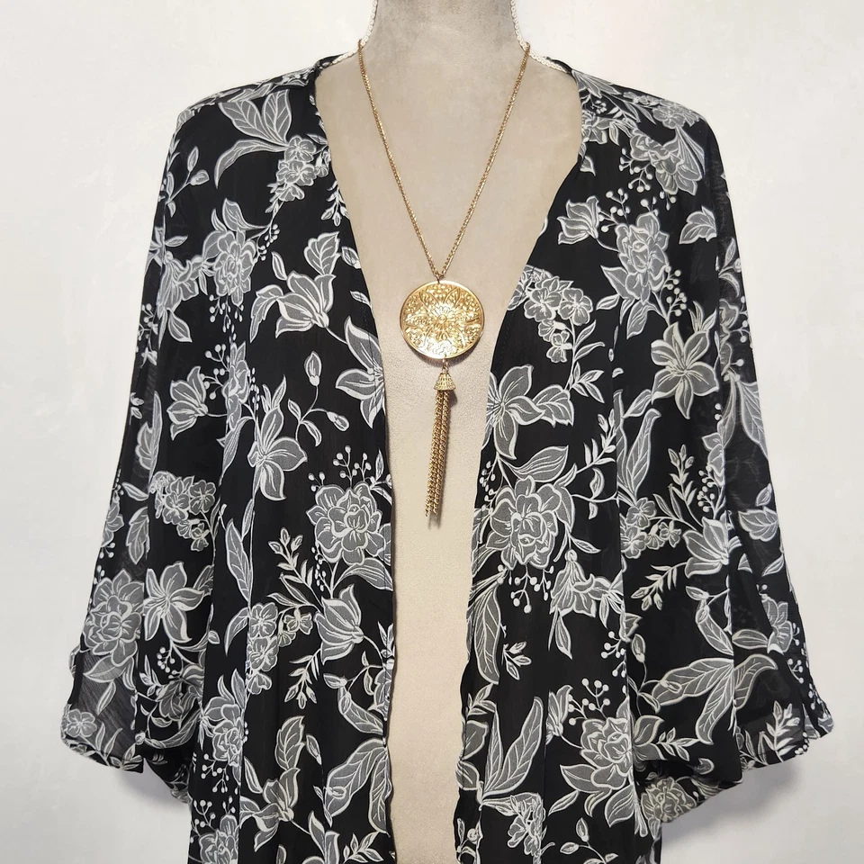 Cardigan Size XXL-XXXL Black Chiffon Floral Print Kimono Sleeve Duster Cardigan - Image 2 of 4