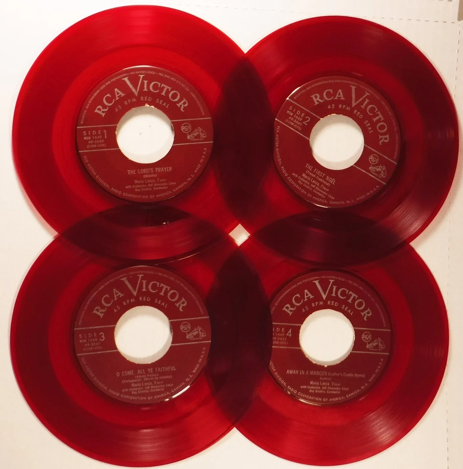 MARIO LANZA SINGS CHRISTMAS SONGS / RCA WDM-1649 / 4X45 RPM BOX SET / RED VINYL - Image 4 of 4