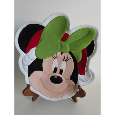 Disney Minnie Mouse Christmas Holiday Ceramic Plate Green Bow Red Hat