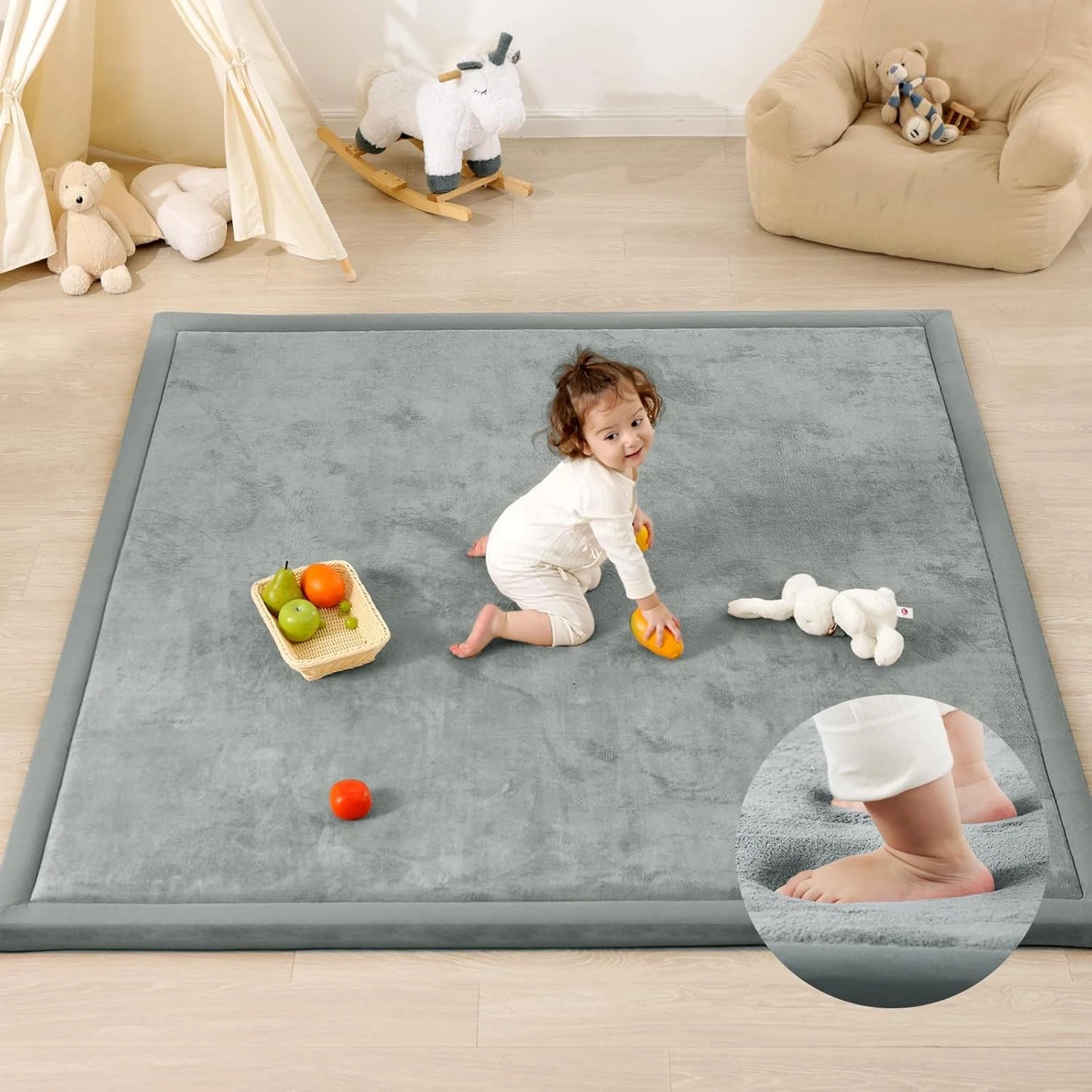 Tummy Time Mat 1.3" Thick 79x118 Foam Light Grey