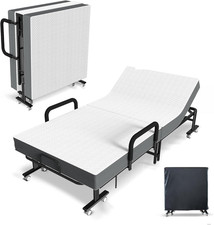 Folding Metal Bed with Mattress and Adjustable Backrest for Adults, Space Saving