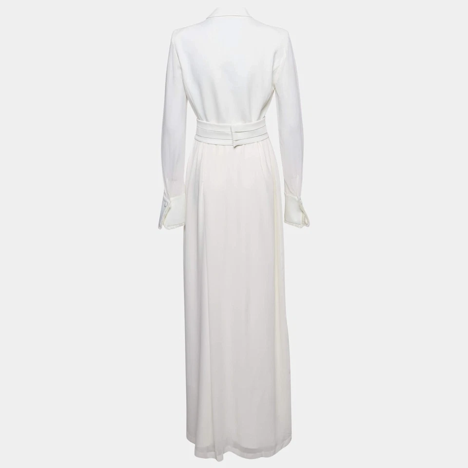 Maxi Vestido Max Mara Blanco Satén y Seda Flecos Manga Larga M Foto 2 de 4