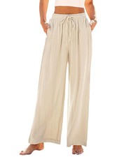 Wide Leg Pants Woman Linen High Waisted Pull On Flowy Drawstring Palazzo