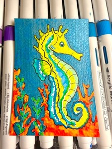 ACEO Original Art Card, Acrylic, 2.5 x 3.5, Seahorse by Huesofmydimensions
