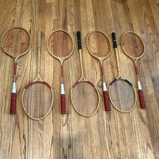 Vtg Wooden Badminton Racquets 7pc Lot 80s Retro Game Room Deco Wall Art Rackets