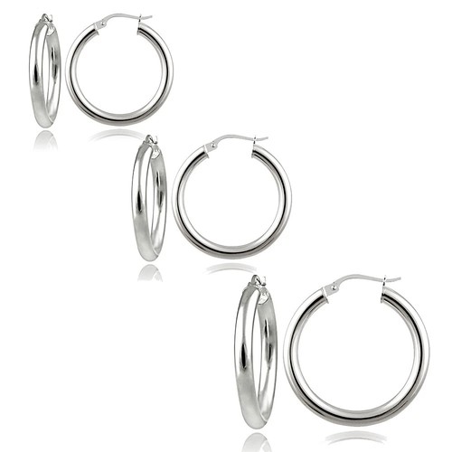 Set of 3 Sterling Silver 3mm Polished Round Hoop Earrings, 25mm, 30mm, 35mm