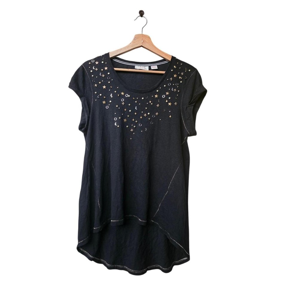 Sass & Bide Tee Size XS Pretty Games Oversized Black Star Stud Linen Cotton Y2K