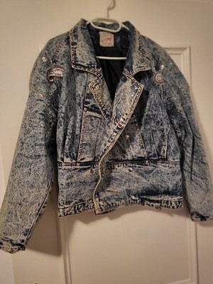 Original 80er Vintage-Jeansjacke Denim im Acid-Wash-Style  Damen Gr. M Nieten