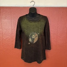 Citron 3.33 Womens Small 3/4 Sleeve Woodchip Brown Green Graphic Art Top Tee