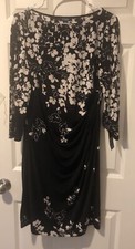 New Chaps Large White Black Floral Print Ruched Detail Cocktail Dress $100